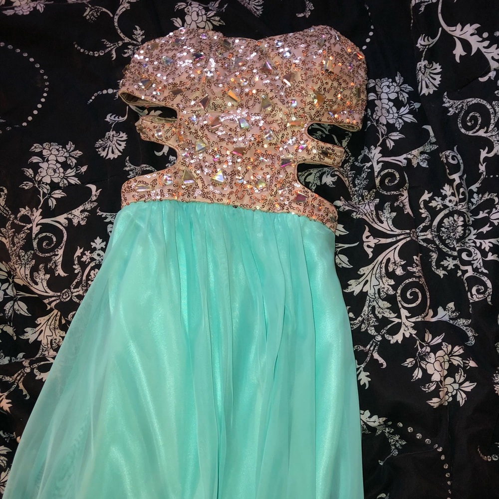 Teal and gold strapless prom dress